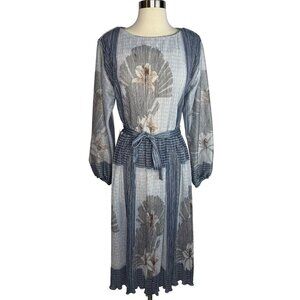 VTG Hal Ferman‎ 70s Cottagecore Blue Sheer Floral Accordion Midi Dress Sz 16